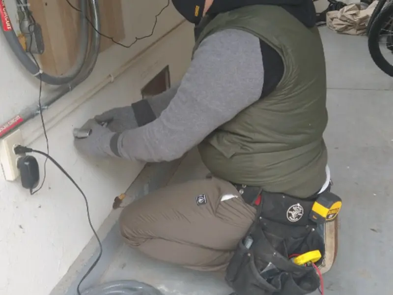 Electrician performing outlet wiring in a Hampton garage